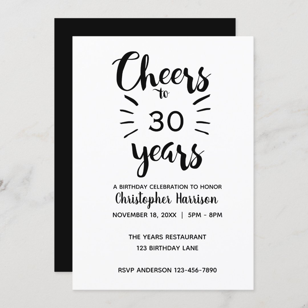 Elegant Black and White Cheers to 30 Years Invitation | Zazzle