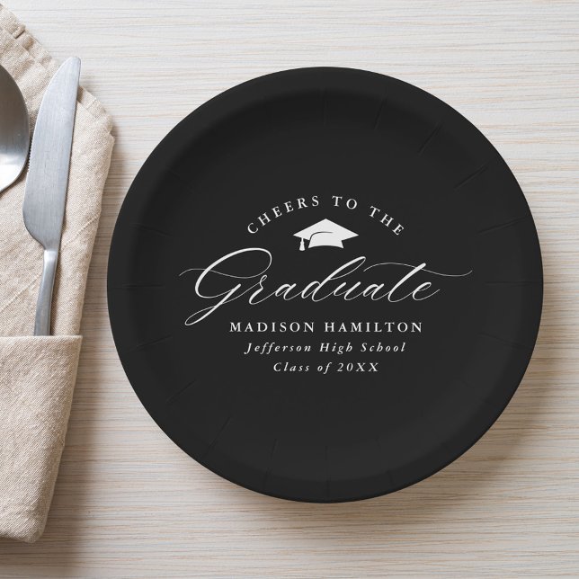 Elegant Black and White Cheers to the Graduate Paper Plates (Creator Uploaded)