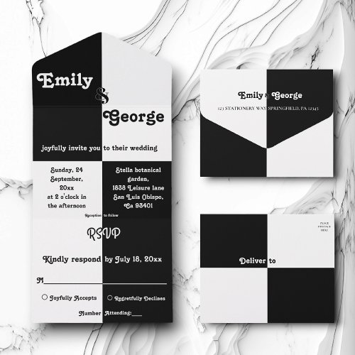 Elegant Black And White Chic Modern Simple Wedding All In One Invitation