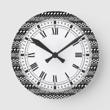 Elegant Black And White Chios Greek Geometric Round Clock by VillageDesign at Zazzle