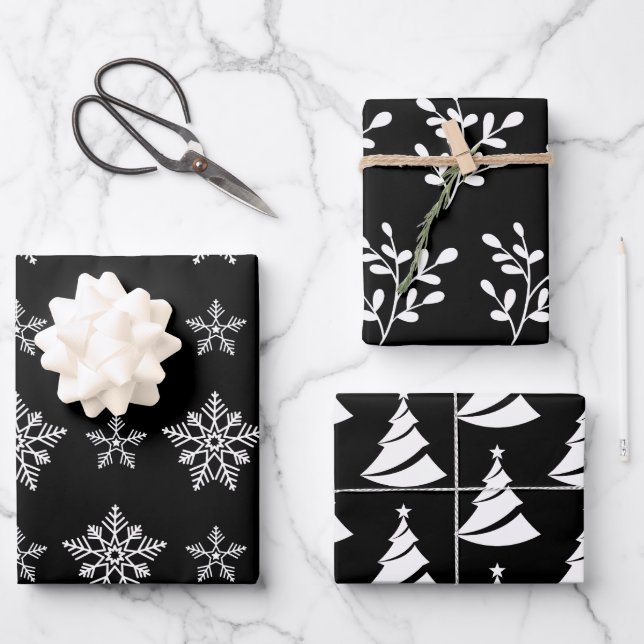 Elegant Black and White Christmas Elements  Wrapping Paper Sheets (Front)