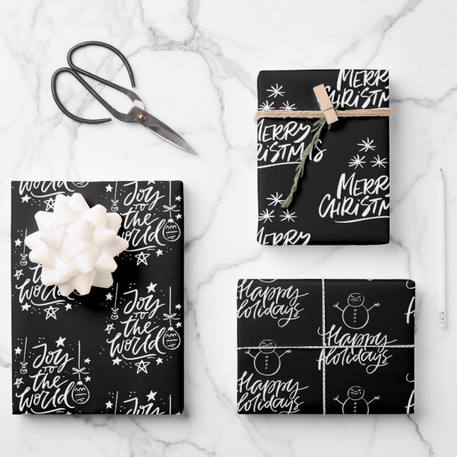 Elegant Black and White Christmas Quotes Gift Wrapping Paper Sheets (Front)