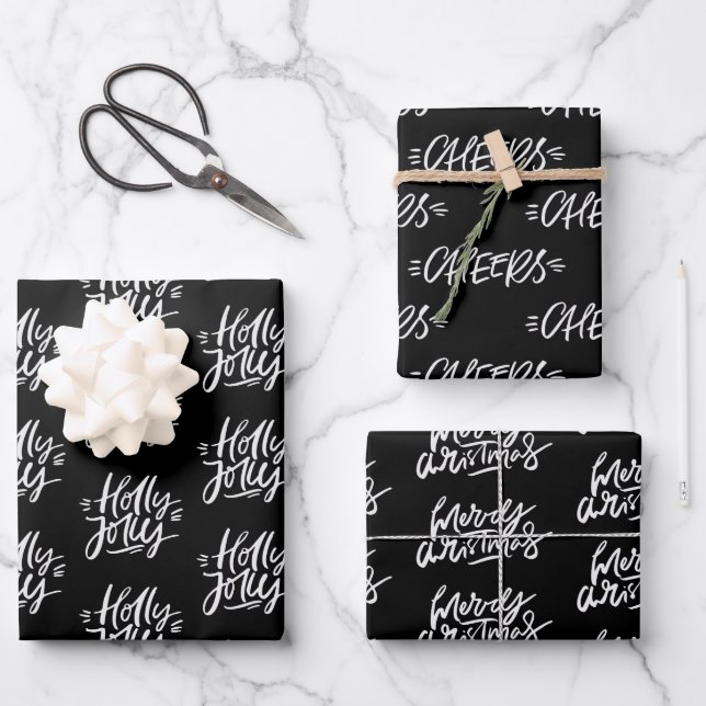 Elegant Black and White Christmas Quotes Gift Wrapping Paper Sheets (Front)