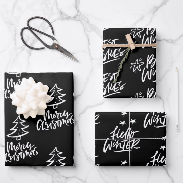 Elegant Black and White Christmas Quotes Gift Wrapping Paper Sheets (Front)