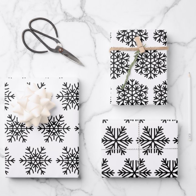 Elegant Black and White Christmas Snowflakes Gift Wrapping Paper Sheets (Front)