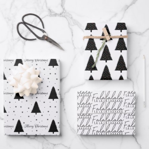 Elegant Black and White Christmas Tree Merry Xmas Wrapping Paper Sheets