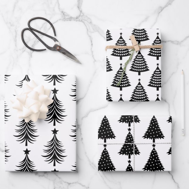 Elegant Black and White Christmas Tree Pattern  Wrapping Paper Sheets (Front)