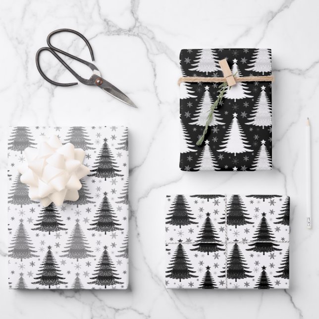 Elegant Black and White Christmas Tree Pattern Wrapping Paper Sheets (Front)