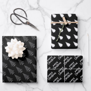 Elegant Black and White Christmas tree Wrapping Paper Sheets
