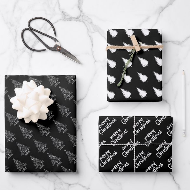 Elegant Black and White Christmas tree Wrapping Paper Sheets (Front)