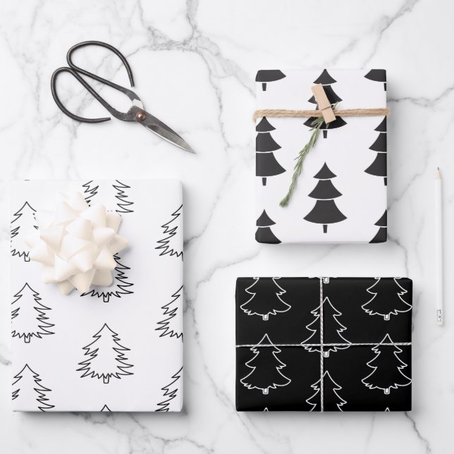 Elegant Black and White Christmas Trees  Wrapping Paper Sheets (Front)