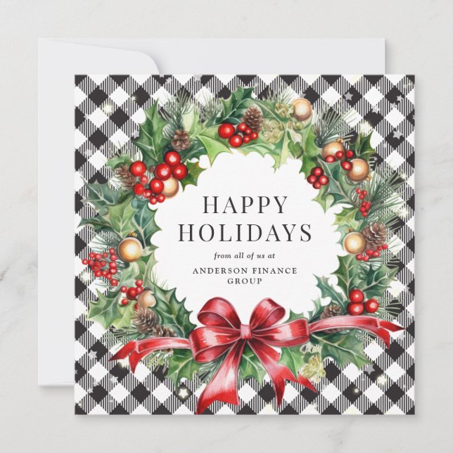 Elegant Black and White Christmas Wreath Business Holiday Card (Front)
