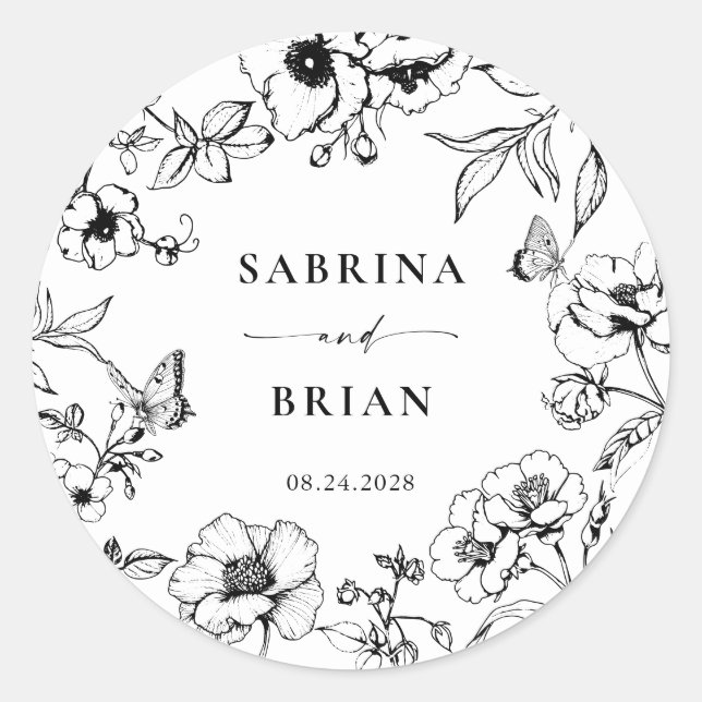 Elegant Black And White Classic Floral Wedding  Classic Round Sticker (Front)
