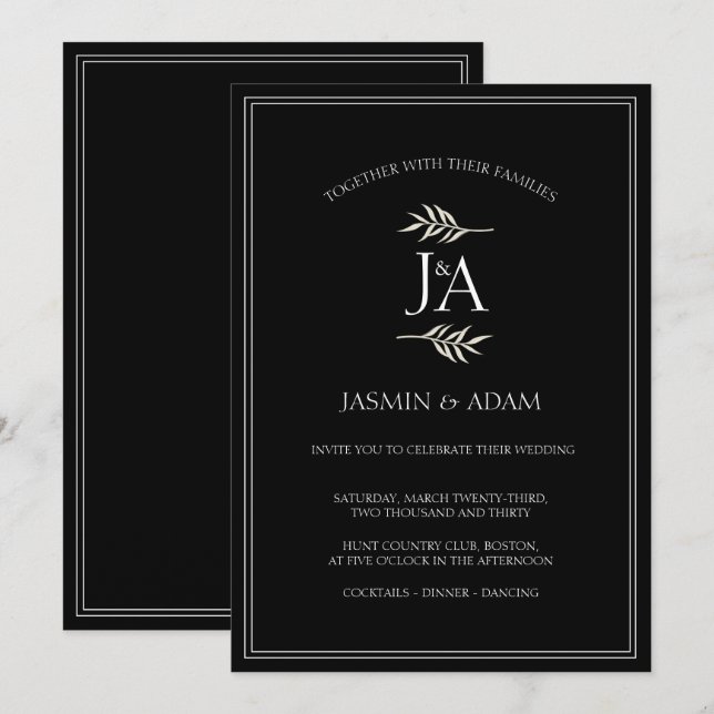Elegant Black and White Classic Initials Wedding  Invitation (Front/Back)
