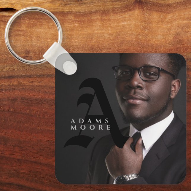 Elegant Black and White Classic Monogram Photo Keychain (Front)
