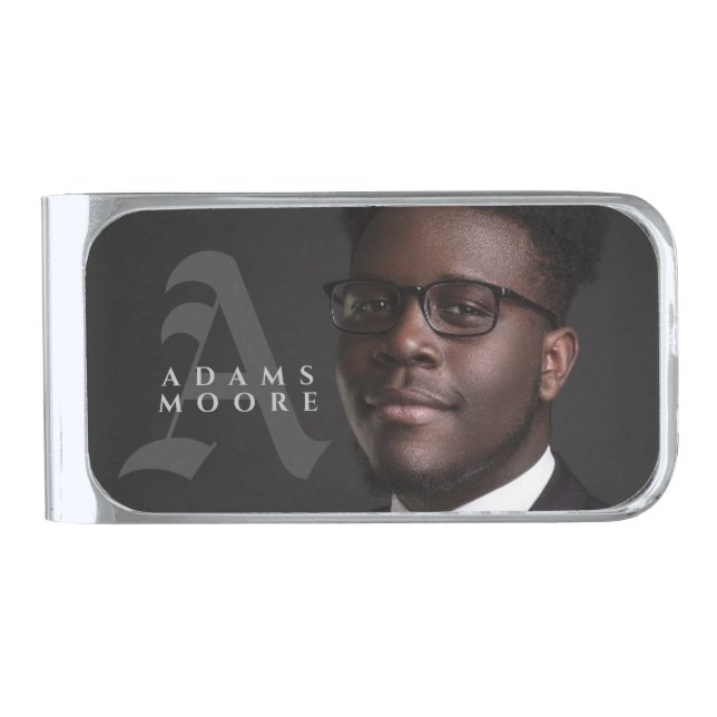 Elegant Black and White Classic Monogram Photo Silver Finish Money Clip (Front)