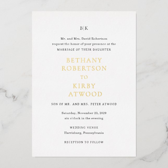 Elegant Black and White Classic Wedding Foil Invitation (Front)