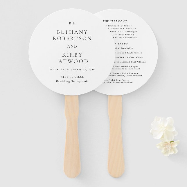 Elegant Black and White Classic Wedding Program Hand Fan (Front and Back)