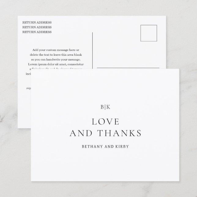 Elegant Black and White Classic Wedding Thank You Postcard (Front/Back)