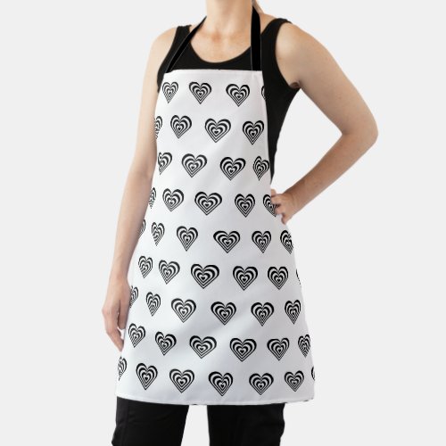 Elegant black and white concentric heart pattern apron