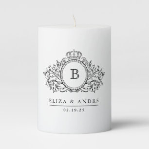 Elegant Black and White Crest Monogram Pillar Candle