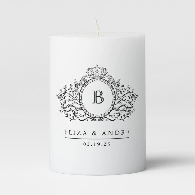 Elegant Black and White Crest Monogram Pillar Candle (Front)