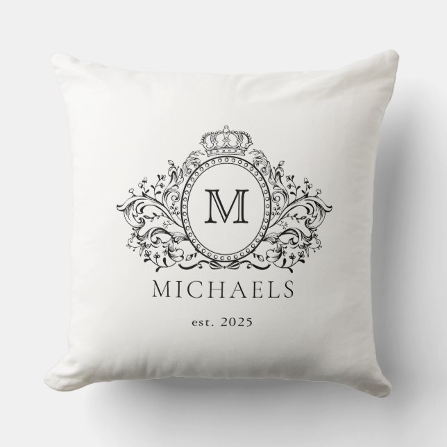 Elegant, Black and White Crest Monogram Throw Pillow (Front)
