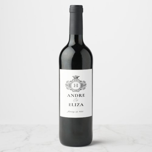 Elegant Black and White Crest Monogram  Wine Label