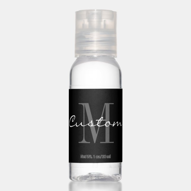 Elegant black and white custom name monogram hand sanitizer (Front)