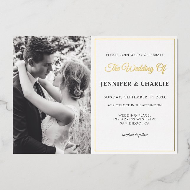 Elegant Black and White Custom Photo Simple Script Foil Invitation (Front)