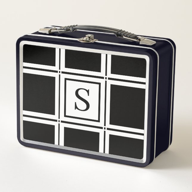Elegant Black and White Custom Single Initial Metal Lunch Box (Front)