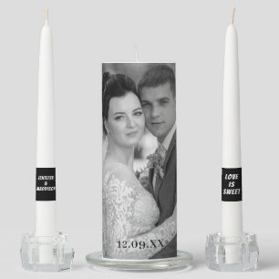 Elegant Black and White Custom Wedding Photo Unity Candle Set