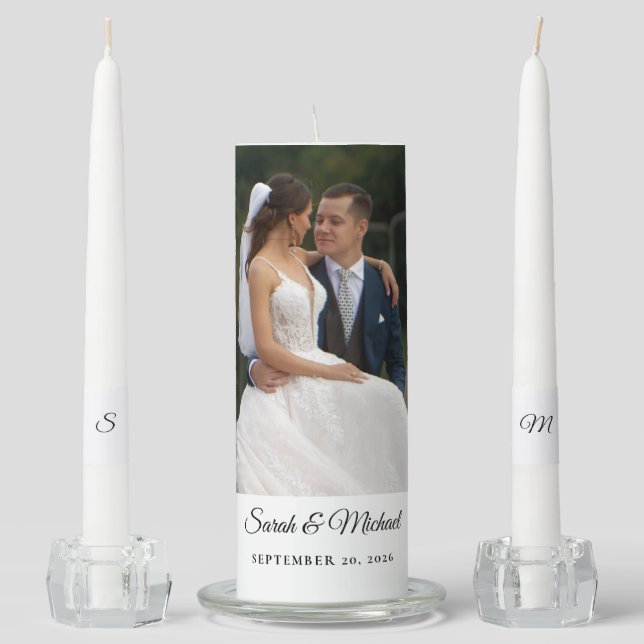 Elegant Black and White Custom Wedding Photo Unity Candle Set (Front)