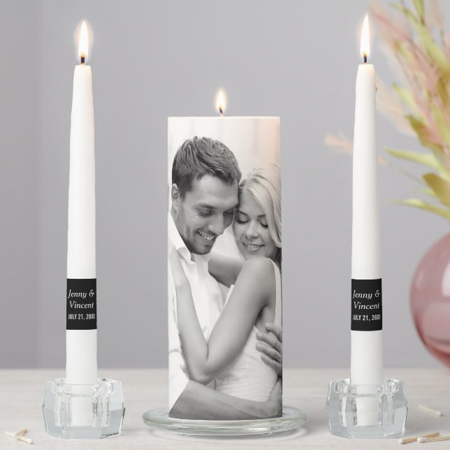 Elegant Black and White Custom Wedding Photo Unity Candle Set (In Situ)