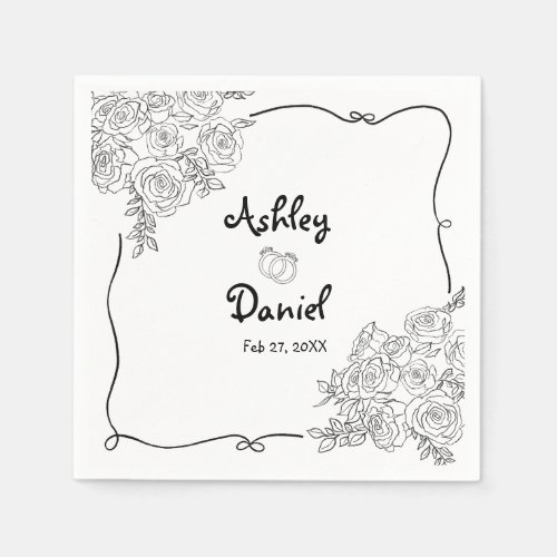 Elegant Black and White Cute Floral Doodle Wedding Napkins
