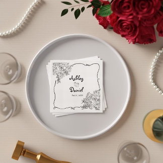 Elegant Black and White Cute Floral Doodle Wedding Napkins