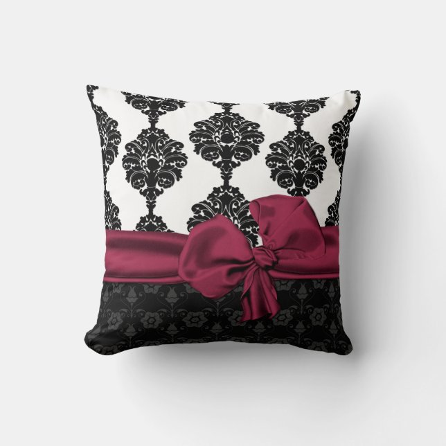 Elegant Black and White Damask and Plum Bow Pillow (Front)