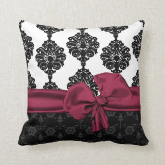 Elegant Black and White Damask and Plum Bow Pillow
