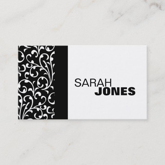 Elegant Black and White Damask Business Card (Front)