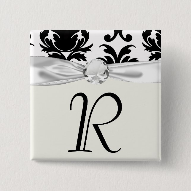 elegant black and white damask button (Front)
