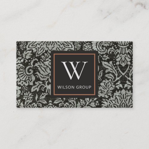 ELEGANT BLACK AND WHITE DAMASK FLORAL MONOGRAM BUSINESS CARD