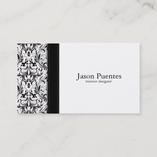 Customizable Elegant Black and White Damask Interior Design Business Cards