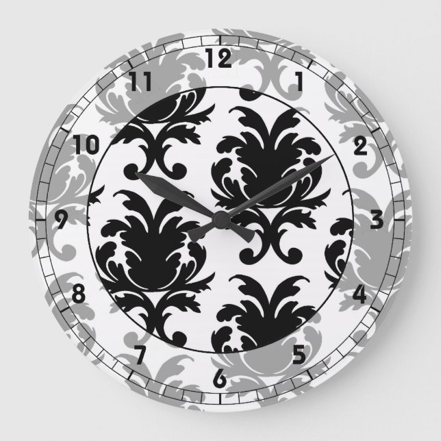 elegant black and white damask large clock (Front)