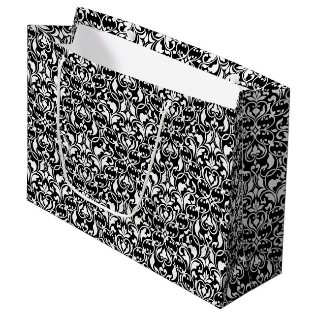 Elegant Black and White Damask Large Gift Bag (Front Angled)
