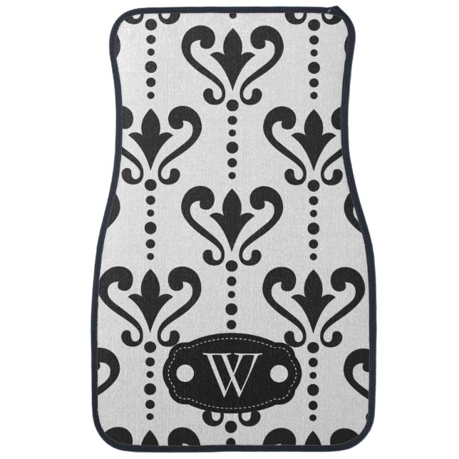 Elegant Black and White Damask Monogram Car Floor Mat (Front)
