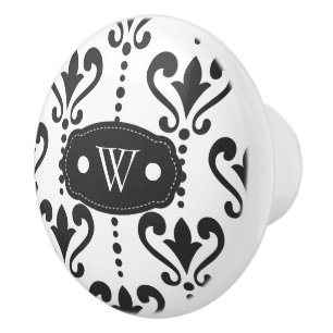 Elegant Black and White Damask Monogram Ceramic Knob