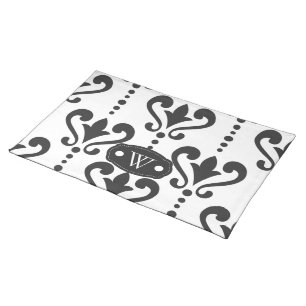 Elegant Black and White Damask Monogram Cloth Placemat