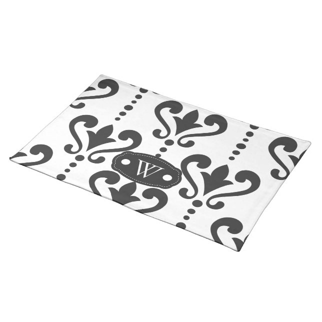 Elegant Black and White Damask Monogram Cloth Placemat (On Table)