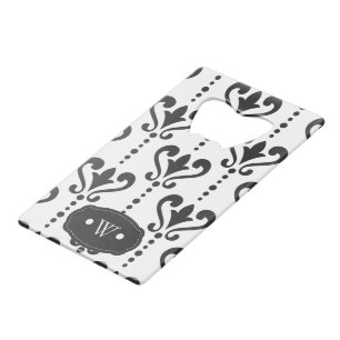 Elegant Black and White Damask Monogram Credit Card Bottle Opener