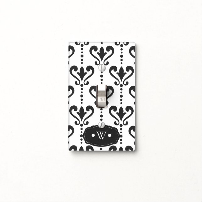 Elegant Black and White Damask Monogram Light Switch Cover (In Situ)